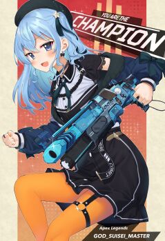 Rule 34 | 1girl, :d, apex legends, black bow, black choker, black hat, black ribbon, black skirt, blue eyes, blue hair, blue jacket, bow, character name, choker, clenched hand, collared shirt, commentary request, copyright name, earrings, english text, feet out of frame, finger on trigger, gun, hair between eyes, hair ornament, hat, highres, holding, holding gun, holding weapon, hololive, hoshimachi suisei, hoshimachi suisei (casual), hujimiya, jacket, jewelry, left-handed, long hair, long sleeves, looking at viewer, miniskirt, neck ribbon, o-ring, o-ring thigh strap, official alternate costume, open mouth, orange nails, orange pantyhose, pantyhose, ribbon, ring, shirt, shotgun, skirt, smile, solo, star (symbol), star hair ornament, star in eye, symbol in eye, thigh strap, virtual youtuber, weapon, weapon request