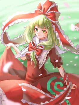 1girl blunt_bangs bow clothes_lift collared_dress dress dress_lift front_ponytail green_background green_eyes green_hair kagiyama_hina kuyumin looking_at_viewer red_bow red_dress red_ribbon ribbon smile solo touhou wrist_ribbon
