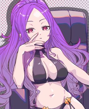 1girl bare_shoulders bikini black_bikini breasts chair cleavage fate/grand_order fate_(series) forehead highres large_breasts long_hair looking_at_viewer navel niwaikanai parted_bangs ponytail purple_eyes purple_hair sidelocks sitting solo swimsuit very_long_hair wu_zetian_(fate) wu_zetian_(swimsuit_caster)_(fate) wu_zetian_(swimsuit_caster)_(third_ascension)_(fate)