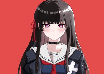 1girl absurdres black_choker black_hair black_jacket black_shirt blunt_bangs blush chisa_(wuthering_waves) choker closed_mouth collarbone commentary fu_ai_er_sama highres jacket long_hair looking_at_viewer mole mole_under_eye neckerchief portrait pout red_background red_eyes red_neckerchief sailor_collar shirt simple_background solo straight-on white_sailor_collar wuthering_waves