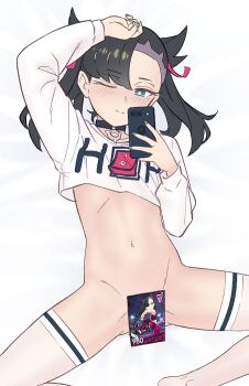 1girl arm_up asymmetrical_bangs black_choker black_hair blush bottomless card cellphone choker closed_mouth clothes_writing commentary crop_top english_commentary flat_chest from_above green_eyes hair_ribbon happy holding holding_phone long_sleeves looking_at_viewer lying marnie_(pokemon) medium_hair navel nintendo on_back one_eye_closed phone pokemon pokemon_(creature) pokemon_sword_and_shield ribbon shirt smartphone smile solo split_mouth spread_legs stomach thighhighs twintails vibrantrida white_background white_shirt white_thighhighs