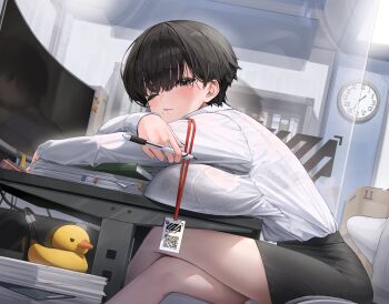 1girl absurdres bent_over black_bra black_eyes black_hair black_skirt blush bra bra_visible_through_clothes breast_press breasts breasts_squeezed_together chair clock closed_mouth collared_shirt computer crossed_legs desk dot_nose dress_shirt frown highres huge_breasts id_card lanyard large_breasts lips long_sleeves looking_at_viewer monitor narrow_waist office_lady one_eye_closed original rubber_duck see-through_clothes see-through_shirt shirt shirt_tucked_in short_hair sitting skirt sleepy solo tagua underwear wall_clock white_shirt