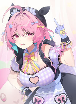 1girl absurdres ahoge aqua_bow aqua_hair beret black_hat black_ribbon black_wrist_cuffs bow breasts cleavage_cutout clothing_cutout collar colored_inner_hair commentary_request detached_collar detached_sleeves dress fang gloves gradient_bow gradient_ribbon hair_between_eyes hair_bow hair_intakes hair_ornament hair_ribbon hand_up hat hat_ribbon heart heart_cutout highres huge_breasts idolmaster idolmaster_cinderella_girls idolmaster_cinderella_girls_starlight_stage looking_at_viewer medium_hair middle_finger multicolored_hair multicolored_wrist_cuffs p_changgun pink_eyes pink_hair pink_ribbon plaid_clothes plaid_dress plaid_ribbon plaid_skirt plaid_sleeves purple_bow purple_collar purple_dress purple_gloves purple_ribbon purple_sleeves ribbon short_sleeves skin_fang skirt skull_and_crossbones skull_ornament solo star_(symbol) star_hair_ornament stuffed_toy tongue tongue_out two-tone_hair wrist_cuffs yellow_bow yumemi_riamu