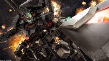 absurdres advance_of_zeta battle beam_cannon beam_rifle cable debris energy_gun explosion extra_arms gundam gundam_battle_operation_2 gundam_tr-1_hazel highres lens_flare machinery mecha mecha_focus mobile_suit nebula no_humans official_art painting_(medium) realistic robot scan science_fiction space star_(sky) sunrise_(company) tenjin_hidetaka titans_(gundam) titans_test_team_(gundam) traditional_media v-fin weapon