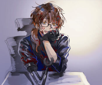 1boy :d alternate_costume bags_under_eyes beard_stubble black-framed_eyewear black-framed_glasses black_gloves black_sweater blood blood_on_clothes blood_on_face blood_on_hands blood_splatter blood_stain brown_hair chair commission crazy_eyes dark_persona elbow_rest eyes_visible_through_hair facial_hair glasses gloves gradient_background gregor_(project_moon) grey_background grin hair_between_eyes hair_over_shoulder half-closed_eyes hand_on_own_cheek hand_on_own_chin hand_on_own_face hand_to_own_mouth hand_up hands_up head_rest highres joints kikkoinu limbus_company long_hair long_sleeves looking_at_viewer low_ponytail male_focus mechanical_arms messy_hair office_chair official_alternate_costume on_chair open_mouth parted_bangs photoshop_(medium) ponytail pov project_moon prosthesis prosthetic_arm sanpaku semi-rimless_eyewear simple_background single_glove single_mechanical_arm sitting sleeves_pushed_up sleeves_rolled_up smile solo stubble sweater swivel_chair table tongue turtleneck turtleneck_sweater under-rim_eyewear upper_body white_background yandere yellow_eyes