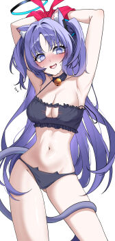 1girl absurdres animal_ear_fluff animal_ears armpits bell blue_archive blush bound bound_wrists breasts cat_cutout cat_ear_panties cat_ears cat_tail cleavage clothing_cutout commentary halo highres large_breasts long_hair looking_at_viewer mechanical_halo navel neck_bell open_mouth panties purple_eyes purple_hair simple_background solo stomach tail thighs two_side_up underwear very_long_hair white_background yaong62271451 yuuka_(blue_archive)