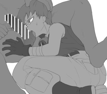 1boy 1girl absurdres bandaged_hand bandages bar_censor belt black_belt black_boots black_gloves boots cargo_pants censored clothed_female_nude_male clothed_sex cyrano_(aazzss3) dragon_ball dragon_ball_(classic) erection faceless faceless_male fellatio female_pubic_hair forced gloves goggles goggles_around_neck greyscale hand_on_another's_head hand_on_another's_thigh highres implied_rape irrumatio large_penis licking licking_testicle molestation monochrome nude oral pants penis pubic_hair rape short_hair simple_background solo_focus sweat tank_top testicles veins veiny_penis violet_(dragon_ball) white_background