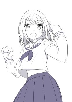 1girl absurdres blue_neckerchief blue_skirt blush cowboy_shot dot_nose hands_up highres lineart long_sleeves looking_at_viewer midriff_peek monochrome neckerchief negimiso1989 open_mouth original parted_bangs pleated_skirt sailor_collar school_uniform serafuku short_hair simple_background skirt smile spot_color white_background