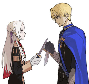 Rule 34 | 1boy, 1girl, black gloves, blonde hair, blue capelet, blue eyes, capelet, closed mouth, commentary, couple, dagger, dimitri alexandre blaiddyd, edelgard von hresvelg, fire emblem, fire emblem: three houses, from side, garreg mach monastery uniform, gloves, hair between eyes, height difference, highres, holding, holding dagger, holding knife, holding weapon, ikaikakka, knife, long hair, long sleeves, looking at another, looking down, looking up, mixed-language commentary, nintendo, purple eyes, red capelet, sad, shade, spoilers, standing, upper body, weapon, white background, white gloves, white hair
