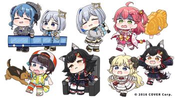 1other 6+girls :d ahoge amane_kanata amane_kanata_(1st_costume) animal animal_ear_fluff animal_ears asymmetrical_legwear barefoot baseball_bat baseball_cap beret biting black_hair black_serafuku black_shirt black_shoes black_skirt blue_bow blue_hair blush_stickers bow brown_eyes chibi closed_eyes commentary_request detached_sleeves dog dress feathered_wings floral_print fur-trimmed_dress fur_trim green_eyes grey_hair grey_hat grey_jacket hair_ornament hairclip hat holding holding_baseball_bat hololive hoshimachi_suisei hoshimachi_suisei_(1st_costume) jacket long_sleeves megaphone metal_baseball_bat mismatched_legwear mochimiko multicolored_hair multiple_girls official_art one_side_up ookami_mio ookami_mio_(1st_costume) oozora_subaru oozora_subaru_(1st_costume) open_mouth pink_hair pink_skirt plaid_clothes plaid_hat plaid_jacket plaid_socks pleated_skirt print_skirt purple_sandals red_hair red_socks ribbed_socks ribbon-trimmed_thighhighs ribbon_trim running sailor_collar sakura_miko sakura_miko_(1st_costume) sandals school_uniform serafuku shirt shoes short_sleeves side_ponytail sideways_hat simple_background single_sock single_thighhigh skirt smile socks stopwatch stopwatch_around_neck streaked_hair striped_clothes striped_shirt sweat tail thighhighs tsunomaki_watame tsunomaki_watame_(1st_costume) turn_pale two-tone_hair v-shaped_eyebrows vertical-striped_clothes vertical-striped_shirt virtual_youtuber watch wavy_mouth white_background white_dress white_sailor_collar white_shoes white_sleeves white_socks white_thighhighs white_wings wide_sleeves wings wolf_ears wolf_girl wolf_tail x_hair_ornament zouri