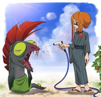 Rule 34 | braid, closed mouth, commentary request, contrapposto, day, full body, highres, holding, holding hose, hose, hose nozzle, inkling boy, inkling player character, japanese clothes, kimono, mishima (nanimaroom), nanimaroom, nintendo, open mouth, orange eyes, orange hair, rainbow, salmonid, sandals, sharp teeth, splatoon (series), spraying, sunlight, teeth, tentacle hair