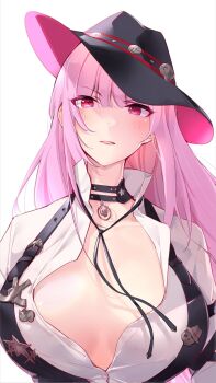 1girl black_choker black_hat bodice breasts choker cleavage collarbone cowboy cowboy_hat cowboy_western hat hat_ornament highres hololive hololive_english large_breasts long_hair looking_at_viewer low-cut mori_calliope mori_calliope_(sheriff) official_alternate_costume pink_hair red_eyes sheriff sheriff_badge shirt simple_background skull_choker skull_hat_ornament skull_ornament solo virtual_youtuber western white_background white_shirt yuyaiyaui