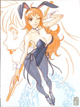 acecore2k animal_ear_hairband animal_ears arm_behind_back black_hairband black_leotard black_pantyhose black_shoes breasts brown_eyes clima-tact commentary english_commentary fake_animal_ears fake_tail full_body hairband high_heels highres holding holding_behind_back holding_staff holding_weapon_behind_back leotard long_hair looking_at_viewer looking_to_the_side marker_(medium) nami_(one_piece) one_eye_closed one_piece orange_hair pantyhose pen_(medium) pinup_(style) playboy_bunny profile rabbit_ears rabbit_girl rabbit_tail shoes sideboob skull_choker smile staff strapless strapless_leotard tail traditional_media