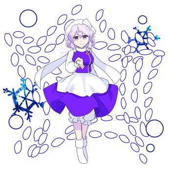 Rule 34 | 1girl, absurdres, apron, bloomers, breasts, commentary request, danmaku, full body, hat, highres, lapel pin, large breasts, letty whiterock, looking at viewer, marione, medium hair, purple eyes, purple hair, purple skirt, purple vest, scarf, skirt, socks, solo, touhou, underwear, vest, waist apron, watermark, white apron, white bloomers, white hat, white scarf, white socks