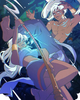 110isato 1boy 1girl absurdres atlantis atlantis:_the_lost_empire barefoot crystal crystal_necklace dark-skinned_female dark-skinned_male dark_skin disney earrings facial_mark film_grain genderswap highres jewelry kidagakash leaf long_hair midair midriff polearm ponytail princess spear tattoo topless_male tree tribal_tattoo weapon white_hair wispy_bangs