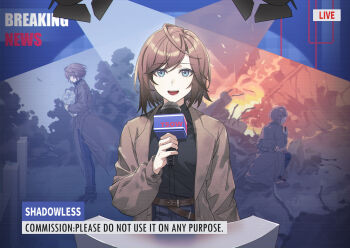 1girl black_shirt blue_eyes brown_coat brown_hair chinese_commentary coat collared_shirt commentary_request commission girls'_frontline hair_between_eyes highres holding holding_microphone idle_channel long_sleeves looking_at_viewer medium_hair microphone news open_clothes open_coat open_mouth reporter shadowless_(girls'_frontline) shirt smile