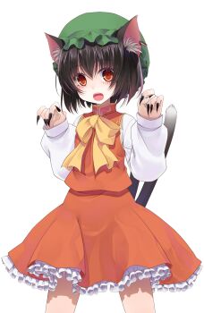 Rule 34 | 1girl, animal ear fluff, animal ears, black nails, blush, bow, brown hair, cat ears, cat girl, cat tail, chen, commentary request, cowboy shot, crote, fingernails, frilled skirt, frills, green hat, hands up, hat, highres, large variant set, legs apart, long sleeves, looking at viewer, mob cap, multiple tails, nail polish, nekomata, open mouth, paw pose, petticoat, raised eyebrows, red eyes, red skirt, red vest, sharp fingernails, shirt, short hair, skirt, sleeve cuffs, sleeves past wrists, standing, tachi-e, tail, teeth, touhou, transparent background, two tails, upper teeth only, variant set, vest, white shirt, wide-eyed, yellow bow