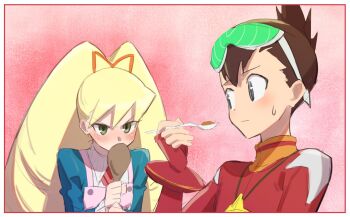 Rule 34 | 1boy, 1girl, apron, bad id, bad twitter id, blonde hair, blush, bow, brown hair, drill hair, eyewear on head, fingerless gloves, geo stelar (mega man), gloves, green eyes, hair bow, highres, holding, holding spoon, long hair, luna platz (mega man), mega man (series), mega man star force (series), ogi non, pink apron, pink background, spoon, sweatdrop, twin drills, very long hair
