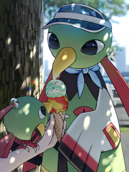 1other artist_name beak black_eyes blurry blurry_background commentary_request dappled_sunlight fingernails food gen_2_pokemon highres holding holding_ice_cream_cone ice ice_cream ice_cream_cone ice_cube kaminokefusa looking_at_another natu nintendo outdoors outstretched_arm pokemon pokemon_(creature) polka_dot polka_dot_scarf scarf shadow standing sunlight tree visor_cap wings xatu