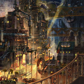 black_capelet black_coat black_hat brick_wall bridge building capelet carlmary coat door fantasy gears hat industrial_pipe lamppost lantern original pedestrian_bridge people plant potted_plant railing rooftop scenery steam steampunk tower wilted_flower window window_light