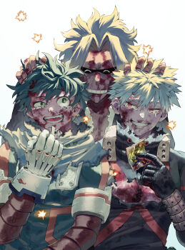 Rule 34 | 3boys, all might, bakugou katsuki, blonde hair, boku no hero academia, commentary request, facing viewer, green hair, highres, mege (megechan), midoriya izuku, multiple boys, short hair, simple background, smile, tagme, teeth, white background