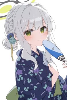 1girl absurdres alternate_costume black_halo blue_archive blue_kimono blush commentary_request floral_print floral_print_kimono from_side green_eyes green_halo hair_between_eyes hair_bun halo hand_fan hare_(blue_archive) highres holding holding_fan japanese_clothes kimono long_sleeves looking_at_viewer medium_hair mochigome_(ununquadium) obi print_kimono sash sidelocks simple_background smile solo upper_body white_background white_hair wide_sleeves