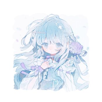 1girl blue_eyes blue_hair blush closed_mouth cropped_torso dot_nose flower hair_flower hair_ornament hand_up hydrangea long_hair long_sleeves looking_at_viewer memuro original purple_flower shirt simple_background solo twitter_username white_background white_shirt