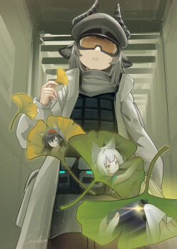 1girl absurdres animal_ears arknights blaze_(arknights) bulletproof_vest cat_ears cat_girl coat commentary_request goat_ears goat_girl goat_horns goggles grey_scarf highres horns long_sleeves official_alternate_costume parted_lips petals rosmontis_(arknights) scarf touch_(arknights) welt_(kinsei_koutenkyoku) white_coat