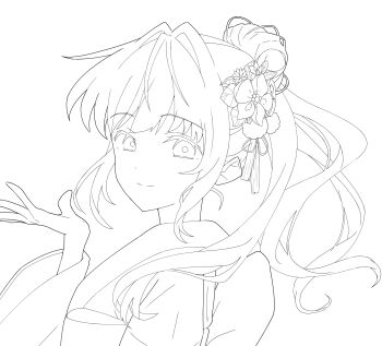 1girl absurdres closed_mouth commentary_request flower greyscale hair_bun hair_flower hair_intakes hair_ornament hand_up highres japanese_clothes kimono lineart link!_like!_love_live! lone_nape_hair long_hair love_live! monochrome obi obiage otomune_kozue pizza_salad_(dogimo_) ponytail sash sidelocks simple_background single_hair_bun smile solo split_mouth tassel tassel_hair_ornament upper_body virtual_youtuber white_background