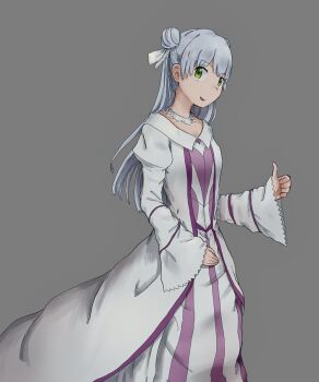 1girl bare_shoulders choker commentary_request dated_commentary double_bun dress green_eyes grey_background grey_hair hair_bun highres index_(toaru_majutsu_no_index) long_hair long_sleeves official_alternate_costume official_alternate_hairstyle open_mouth ribbon simple_background smile solo tatararashi thumbs_up toaru_majutsu_no_index toaru_majutsu_no_index:_new_testament two-tone_dress white_choker white_dress white_ribbon