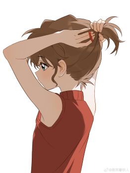 Rule 34 | 1girl, absurdres, arms up, bisho imobing hito, blue eyes, brown hair, commentary request, haibara ai, hair tie, highres, looking ahead, meitantei conan, red sweater, simple background, sleeveless, sleeveless sweater, solo, sweater, tying hair, upper body, white background
