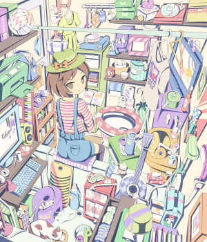 1girl absurdly_detailed_composition acoustic_guitar animal ball black_thighhighs book bottle bowl box brown_eyes brown_hair cable cat clock computer computer_keyboard cup desk dishes doll drawer dress eating feathers female_focus fretless_guitar fretless_instrument goggles guitar hair_ornament hat heart hebitsukai highres instrument keyboard ladle lamp loaded_interior looking_at_viewer lotion microwave mirror monkey original overalls panties paper pen phone phonograph plate pot printer rod room shelf short_hair shorts sitting smile smoking_pipe snake solo spoon stuffed_animal stuffed_toy television thighhighs tissue toilet toilet_paper towel toy trash trash_can umbrella underwear unworn_panties volleyball volleyball_(object) zettai_ryouiki