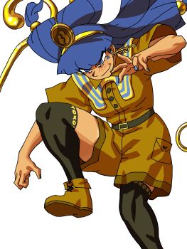 absurdres asymmetrical_legwear belt belt_buckle black_belt black_socks black_thighhighs blue_eyes blue_hair blue_nails brown_shirt brown_shoes brown_shorts buckle earrings eddybird55555 facial_mark foot_out_of_frame gold gold_hairband hair_bobbles hair_ornament hairband highres hoop_earrings jewelry jojo_no_kimyou_na_bouken jojo_pose key_earrings kneehighs long_hair michigami_nareko scepter shirt shoes short_sleeves shorts smirk socks stardust_crusaders tan tanline_peek thighhighs touhou triangle triangle_facial_mark usekh_collar very_long_hair white_background