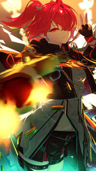 1girl absurdres arknights black_gloves black_jacket black_shorts closed_mouth cowboy_shot detached_wings exusiai_(arknights) exusiai_the_new_covenant_(arknights) fingerless_gloves gloves gun hair_over_one_eye highres holding holding_gun holding_weapon jacket kimo_suna long_sleeves medium_hair official_alternate_costume red_eyes red_hair shorts side_ponytail solo standing weapon wings