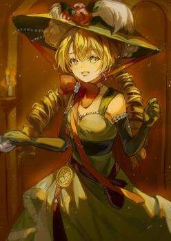 1girl :d bare_shoulders belt belt_pouch blonde_hair bow brown_background brown_belt chinstrap dress drill_hair earrings elbow_gloves flower gloves green_dress green_eyes green_gloves green_hat haihaita hands_up hat hat_feather hat_flower highres jewelry looking_at_viewer low_twintails open_mouth orange_bow picture_hat pouch red_flower reverse:1999 sleeveless sleeveless_dress smile solo sotheby twin_drills twintails upper_body