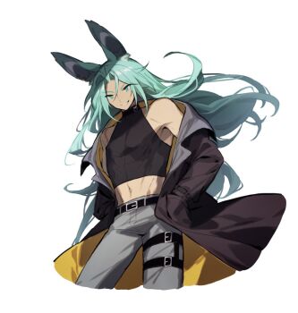 1boy alternate_costume animal_ear_fluff animal_ears bare_shoulders belt belt_buckle black_belt black_coat black_shirt buckle coat cropped_shirt dragalia_lost dragalinuka green_eyes green_hair grey_pants hair_between_eyes hands_in_pockets long_hair looking_at_viewer luca_(dragalia_lost) male_focus midriff multiple_belts navel off_shoulder pants rabbit_ears shirt smile solo white_background