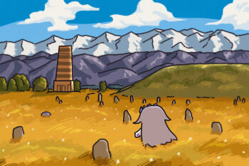 bing_huyue burana_tower chibi cloud cloudy_sky from_behind gem gem_hair_ornament grasslands hair_flaps hand_jewel highres hololive hololive_english koseki_bijou kyrgyzstan long_hair mountain mountainous_horizon pebble_(koseki_bijou) purple_gemstone purple_hair real_world_location sky structure tree virtual_youtuber