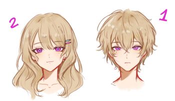 1boy 1girl blonde_hair closed_mouth collarbone commentary_request hair_between_eyes hair_ornament hairclip highres honkai:_star_rail honkai_(series) if_they_mated jhenny345 looking_at_viewer mole mole_under_eye original portrait purple_eyes ringed_eyes science_babies simple_background smile spanish_commentary white_background