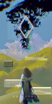 1girl absurdres arknights artist_name brown_hair character_name coat commentary_request diamond_(shape) english_text feet_out_of_frame from_behind glitch highres lab_coat long_hair long_sleeves priestess_(arknights) sakiyo scenery solo white_coat