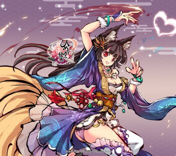 1girl animal_ear_fluff animal_ears arm_up ass bangle bell black_hair blunt_bangs bracelet breasts chinese_clothes cleavage commentary_request company_name copyright_logo copyright_name copyright_notice dakki_(himegami_kagura) fang fox_ears fox_girl fox_tail from_side hair_ornament hanfu heart highres himegami_kagura huge_breasts japanese_clothes jewelry kimono large_tail logo long_hair long_sleeves looking_at_viewer motion_lines ms06s multiple_tails official_art open_mouth panties pantyshot pink_panties purple_kimono red_eyes scrunchie smile solo standing tail thighhighs underbust underwear white_thighhighs wide_sleeves wrist_scrunchie