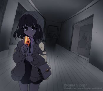 1girl artist_self-insert banban_(garten_of_banban) black_ribbon black_skirt brown_cardigan brown_eyes brown_hair card cardigan closed_mouth collared_shirt door frown garten_of_banban glowing highres holding holding_card id_card indoors kiman medium_hair neck_ribbon original ribbon runaway_girl_(kiman) shirt skirt solo spot_color walking white_bag white_shirt