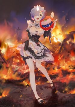 1girl absurdres black_shoes blue_eyes blue_hair blush breasts bugie cacodemon commission commissioner_upload copyright_notice doom_(series) fire full_body highres large_breasts open_mouth re:zero_kara_hajimeru_isekai_seikatsu rem_(re:zero) shoes smile solo standing teeth torn_clothes upper_teeth_only white_legwear