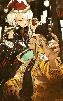 1boy 1girl artist_name asymmetrical_hair bare_shoulders black_hair black_jacket black_shirt blunt_bangs christmas closed_eyes coat cyberpunk:_edgerunners cyberpunk_(series) david_martinez hat highres jacket jewelry l1m3candy lucy_(cyberpunk) mohawk necklace off-shoulder_jacket off_shoulder parted_lips santa_hat shirt short_hair sidecut smile undercut upper_body white_hair yellow_coat