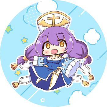 Rule 34 | 1girl, blue dress, blush, boots, breasts, canvas texture, cardinal (ragnarok online), chibi, chibi only, cleavage cutout, clothing cutout, commentary request, covered navel, cross, dress, fang, full body, hat, highres, large breasts, long hair, long sleeves, looking at viewer, mitre, open mouth, purple hair, ragnarok online, shizukushigure, skin fang, sleeves past fingers, sleeves past wrists, smile, solo, standing, standing on one leg, star (symbol), thigh boots, white background, white boots, wide sleeves, yellow eyes