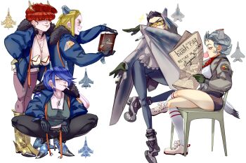 5girls aircraft airplane black_gloves black_hair blonde_hair blowing_bubble_gum blue_hair breasts chair chewing_gum cigarette cleavage earrings ed_edd_n_eddy f-15_eagle f-22_raptor fighter_jet freckles gloves green_gloves grey_hair hair_ornament hair_over_eyes hair_over_one_eye high_heels highres holding jewelry johnny_bravo johnny_bravo_(series) lee_kanker marie_kanker may_kanker military_vehicle multiple_girls newspaper original parody personification red_hair shorts simple_background su-27 su-35 su-37 thighhighs toorops