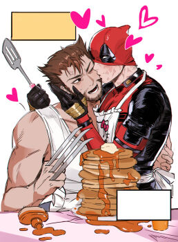 2boys anger_vein animification apron bare_shoulders black_bodysuit black_eyes black_gloves bodysuit bottle brown_hair character_print claw_(weapon) collarbone commentary_request deadpool deadpool_&amp;_wolverine deadpool_(series) facial_hair fingernails food gloves hand_on_another&#039;s_face hand_up heart hello_kitty hello_kitty_(character) holding holding_spatula kiss kissing_cheek korean_commentary looking_at_another male_focus malin_linnn maple_syrup marvel mask multicolored_bodysuit multiple_boys muscular muscular_male one_eye_closed open_mouth pancake pancake_stack plate red_bodysuit red_mask sanrio serving_spatula short_hair simple_background souffle_pancake spatula superhero_costume sweatdrop tank_top teeth two-tone_bodysuit v-shaped_eyebrows weapon weapon_on_back white_apron white_background white_tank_top wolverine_(x-men) yaoi