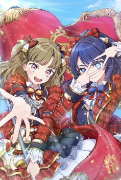 2girls :d black_vest blue_eyes blue_hair blue_sky bow bowtie brown_hair closed_mouth cloud collared_shirt commentary_request cowboy_shot day diamond_hands dollchestra dress_shirt enpara_chiba flag glint hair_bow half_updo highres jacket kachimachi_kosuzu link!_like!_love_live! looking_at_viewer love_live! multiple_girls murano_sayaka offering_hand open_clothes open_jacket open_mouth outdoors outstretched_arm pink_eyes plaid_bow plaid_bowtie plaid_clothes plaid_jacket plaid_skirt red_bow red_bowtie red_jacket red_skirt shirt skirt sky smile taiyou_de_are! teeth two_side_up upper_teeth_only v-shaped_eyebrows vest virtual_youtuber white_shirt yellow_bow yellow_bowtie