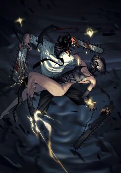 1boy 1girl alternate_form apron battle black_apron black_necktie black_pants bomb_devil_(chainsaw_man) breasts chainsaw chainsaw_man cyber_monk denji_(chainsaw_man) dynamite explosive necktie object_head pants severed_limb sharp_teeth shirt small_breasts teeth white_shirt