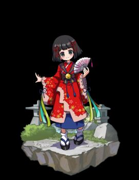 bell black_background black_hair blue_hakama blue_ribbon blunt_bangs blush full_body geta grey_eyes hair_ribbon hakama hakama_skirt hand_fan highres holding holding_fan japanese_clothes kimono koume_(merc_storia) long_sleeves merc_storia merc_storia_art_team obi official_art red_kimono red_ribbon ribbon rock sash short_hair simple_background skirt smile socks solo standing tachi-e white_socks wide_sleeves