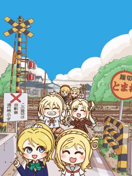 &gt;_o 6+girls :d ;d ^_^ arms_behind_head ayase_eli blazer blonde_hair blue_eyes blue_hair blue_jacket blue_sky blush bow bowtie braid brown_dress cardigan cardigan_around_waist closed_eyes clothes_around_waist cloud color_connection commentary crown_braid curtained_hair day diagonal-striped_bow diagonal-striped_bowtie diagonal-striped_clothes dress fang flower gradient_hair green_bow green_bowtie grey_sailor_collar grin gyaru hair_color_connection hair_flower hair_ornament hair_rings hairband hasu_no_sora_school_uniform heanna_sumire high_ponytail highres hshikaco in-franchise_crossover index_finger_raised jacket kogal link!_like!_love_live! location_request long_hair long_sleeves love_live! love_live!_nijigasaki_high_school_idol_club love_live!_school_idol_project love_live!_sunshine!! love_live!_superstar!! medium_dress medium_hair miyashita_ai multicolored_hair multiple_girls neck_ribbon neckerchief nijigasaki_school_uniform ohara_mari one_eye_closed one_side_up onitsuka_natsumi open_mouth osawa_rurino otonokizaka_school_uniform outdoors parted_bangs pink_flower pink_hair pink_ribbon pleated_dress ponytail railroad_crossing railroad_tracks red_eyes red_hairband red_neckerchief ribbon sailor_collar sailor_dress school_uniform serafuku sign single_hair_ring skin_fang sky smile striped_bow striped_bowtie striped_clothes triangle_mouth twintails uranohoshi_school_uniform virtual_youtuber walking white_sailor_collar winter_uniform yuigaoka_school_uniform